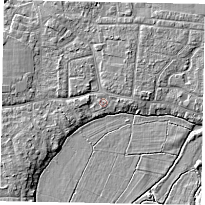 Shaded relief map of the ground around GU229BX, computed from Environment Agency LiDAR. The ground here sits at about 24 m above sea level and falls 5 m across the surrounding 800 m. Surface water reaching this point runs off ground lying to the east, 1.2 m higher.