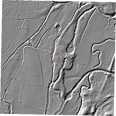 Shaded relief map of the ground around GU229BY, computed from Environment Agency LiDAR. The ground here sits at about 24 m above sea level and falls 7 m across the surrounding 800 m. Surface water reaching this point runs off ground lying to the east, 0.8 m higher.