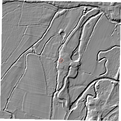 Shaded relief map of the ground around GU229BZ, computed from Environment Agency LiDAR. The ground here sits at about 24 m above sea level and falls 6 m across the surrounding 800 m. Surface water reaching this point runs off ground lying to the east-south-east, 0.9 m higher.