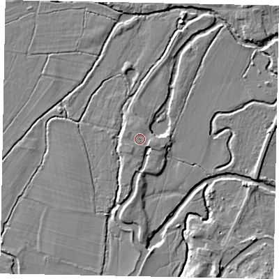 Shaded relief map of the ground around GU229DA, computed from Environment Agency LiDAR. The ground here sits at about 24 m above sea level and falls 6 m across the surrounding 800 m. Surface water reaching this point runs off ground lying to the east-south-east, 0.8 m higher.