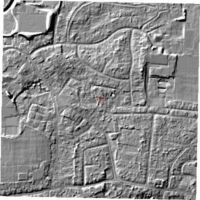 Shaded relief map of the ground around GU229DB, computed from Environment Agency LiDAR. The ground here sits at about 24 m above sea level and falls 8 m across the surrounding 800 m. Surface water reaching this point runs off ground lying to the west, 5.5 m higher.