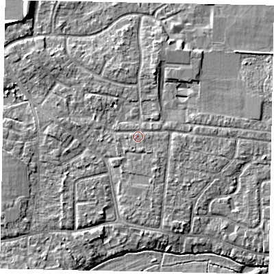Shaded relief map of the ground around GU229DD, computed from Environment Agency LiDAR. The ground here sits at about 24 m above sea level and falls 7 m across the surrounding 800 m. Surface water reaching this point runs off ground lying to the south-south-east, 0.7 m higher.