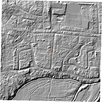 Shaded relief map of the ground around GU229DE, computed from Environment Agency LiDAR. The ground here sits at about 24 m above sea level and falls 5 m across the surrounding 800 m. Surface water reaching this point runs off ground lying to the north-north-west, 1.0 m higher.