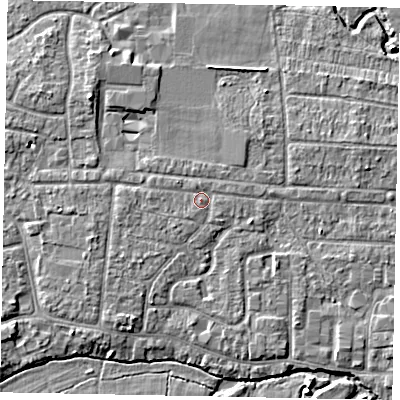 Shaded relief map of the ground around GU229DG, computed from Environment Agency LiDAR. The ground here sits at about 24 m above sea level and falls 5 m across the surrounding 800 m. Surface water reaching this point runs off ground lying to the south-west, 0.8 m higher.