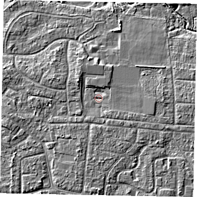 Shaded relief map of the ground around GU229DL, computed from Environment Agency LiDAR. The ground here sits at about 24 m above sea level and falls 5 m across the surrounding 800 m. Surface water reaching this point runs off ground lying to the north-west, 3.0 m higher.