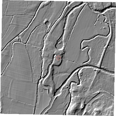 Shaded relief map of the ground around GU229DS, computed from Environment Agency LiDAR. The ground here sits at about 24 m above sea level and falls 7 m across the surrounding 800 m. Surface water reaching this point runs off ground lying to the north-north-west, 2.7 m higher.