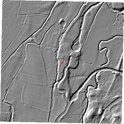 Shaded relief map of the ground around GU229DT, computed from Environment Agency LiDAR. The ground here sits at about 24 m above sea level and falls 7 m across the surrounding 800 m. Surface water reaching this point runs off ground lying to the south, 3.1 m higher.