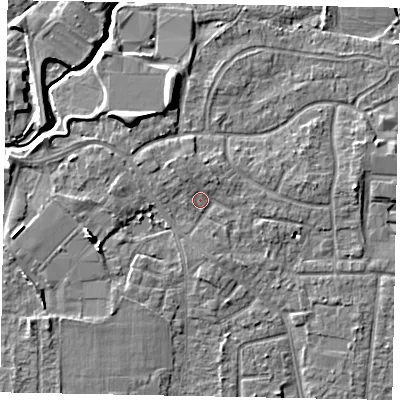 Shaded relief map of the ground around GU229DY, computed from Environment Agency LiDAR. The ground here sits at about 25 m above sea level and falls 8 m across the surrounding 800 m. Surface water reaching this point runs off ground lying to the west-south-west, 5.5 m higher.