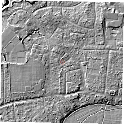 Shaded relief map of the ground around GU229ED, computed from Environment Agency LiDAR. The ground here sits at about 24 m above sea level and falls 8 m across the surrounding 800 m. Surface water reaching this point runs off ground lying to the west, 1.6 m higher.