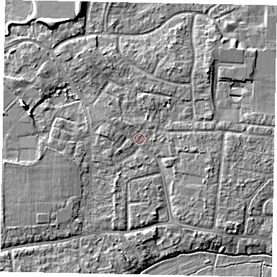Shaded relief map of the ground around GU229EE, computed from Environment Agency LiDAR. The ground here sits at about 24 m above sea level and falls 8 m across the surrounding 800 m. Surface water reaching this point runs off ground lying to the west, 1.8 m higher.