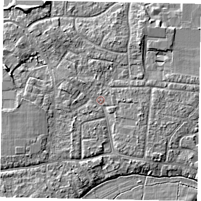 Shaded relief map of the ground around GU229EF, computed from Environment Agency LiDAR. The ground here sits at about 24 m above sea level and falls 8 m across the surrounding 800 m. Surface water reaching this point runs off ground lying to the west, 2.0 m higher.