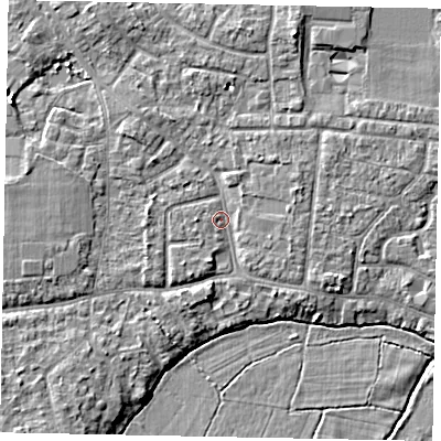Shaded relief map of the ground around GU229EH, computed from Environment Agency LiDAR. The ground here sits at about 24 m above sea level and falls 6 m across the surrounding 800 m. Surface water reaching this point runs off ground lying to the west-north-west, 2.1 m higher.