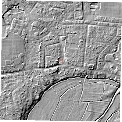 Shaded relief map of the ground around GU229EJ, computed from Environment Agency LiDAR. The ground here sits at about 24 m above sea level and falls 6 m across the surrounding 800 m. Surface water reaching this point runs off ground lying to the west-south-west, 2.7 m higher.