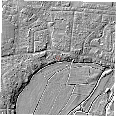 Shaded relief map of the ground around GU229EP, computed from Environment Agency LiDAR. The ground here sits at about 23 m above sea level and falls 5 m across the surrounding 800 m. Surface water reaching this point runs off ground lying to the north-east, 1.5 m higher.