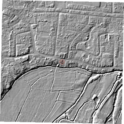 Shaded relief map of the ground around GU229ER, computed from Environment Agency LiDAR. The ground here sits at about 24 m above sea level and falls 4 m across the surrounding 800 m. Surface water reaching this point runs off ground lying to the north-north-west, 2.0 m higher.