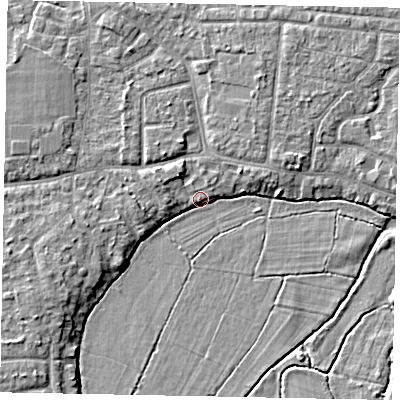 Shaded relief map of the ground around GU229EW, computed from Environment Agency LiDAR. The ground here sits at about 23 m above sea level and falls 5 m across the surrounding 800 m. Surface water reaching this point runs off ground lying to the west-south-west, 4.3 m higher.