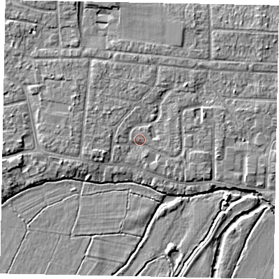 Shaded relief map of the ground around GU229EY, computed from Environment Agency LiDAR. The ground here sits at about 24 m above sea level and falls 4 m across the surrounding 800 m. Surface water reaching this point runs off ground lying to the north-north-west, 1.7 m higher.