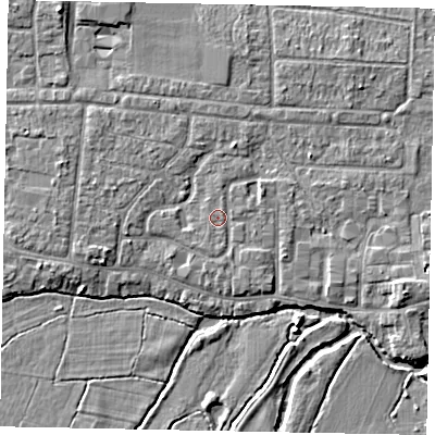Shaded relief map of the ground around GU229EZ, computed from Environment Agency LiDAR. The ground here sits at about 24 m above sea level and falls 5 m across the surrounding 800 m. Surface water reaching this point runs off ground lying to the south-south-west, 0.8 m higher.