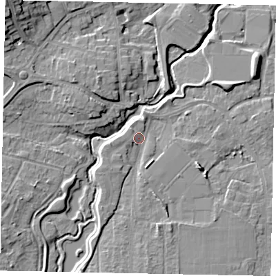 Shaded relief map of the ground around GU229FB, computed from Environment Agency LiDAR. The ground here sits at about 25 m above sea level and falls 15 m across the surrounding 800 m. Surface water reaching this point runs off ground lying to the east-north-east, 4.9 m higher.