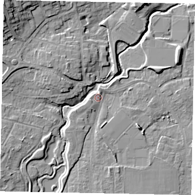 Shaded relief map of the ground around GU229FG, computed from Environment Agency LiDAR. The ground here sits at about 25 m above sea level and falls 16 m across the surrounding 800 m. Surface water reaching this point runs off ground lying to the east-north-east, 4.9 m higher.