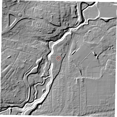 Shaded relief map of the ground around GU229FH, computed from Environment Agency LiDAR. The ground here sits at about 26 m above sea level and falls 10 m across the surrounding 800 m. Surface water reaching this point runs off ground lying to the north-west, 0.5 m higher.