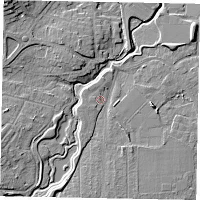 Shaded relief map of the ground around GU229FJ, computed from Environment Agency LiDAR. The ground here sits at about 25 m above sea level and falls 15 m across the surrounding 800 m. Surface water reaching this point runs off ground lying to the north-east, 4.9 m higher.