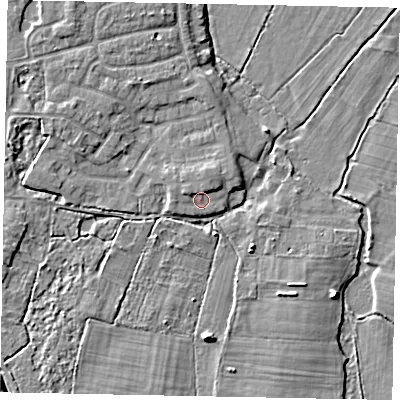 Shaded relief map of the ground around GU229FW, computed from Environment Agency LiDAR. The ground here sits at about 25 m above sea level and falls 6 m across the surrounding 800 m. Surface water reaching this point runs off ground lying to the north-north-east, 1.4 m higher.