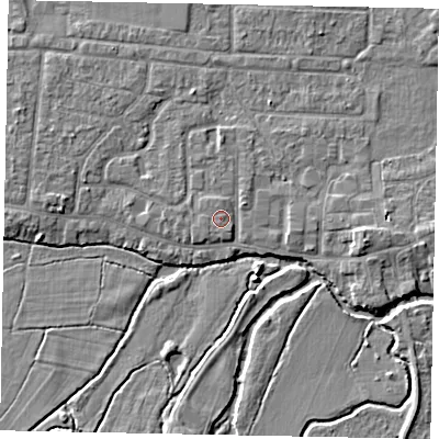 Shaded relief map of the ground around GU229FX, computed from Environment Agency LiDAR. The ground here sits at about 24 m above sea level and falls 5 m across the surrounding 800 m. Surface water reaching this point runs off ground lying to the north-north-west, 0.7 m higher.