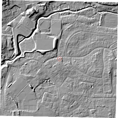 Shaded relief map of the ground around GU229FY, computed from Environment Agency LiDAR. The ground here sits at about 25 m above sea level and falls 9 m across the surrounding 800 m. Surface water reaching this point runs off ground lying to the west-north-west, 4.5 m higher.