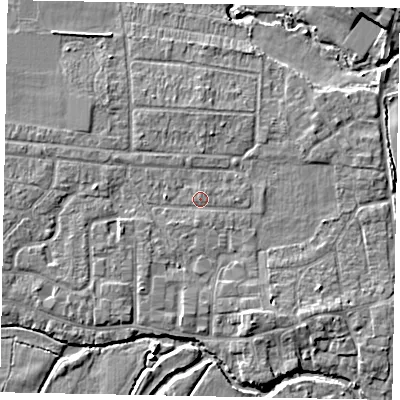 Shaded relief map of the ground around GU229HJ, computed from Environment Agency LiDAR. The ground here sits at about 24 m above sea level and falls 6 m across the surrounding 800 m. Surface water reaching this point runs off ground lying to the west-north-west, 1.8 m higher.