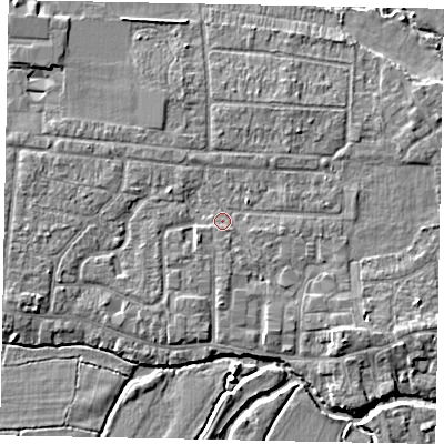 Shaded relief map of the ground around GU229HL, computed from Environment Agency LiDAR. The ground here sits at about 24 m above sea level and falls 5 m across the surrounding 800 m. Surface water reaching this point runs off ground lying to the west-north-west, 1.8 m higher.