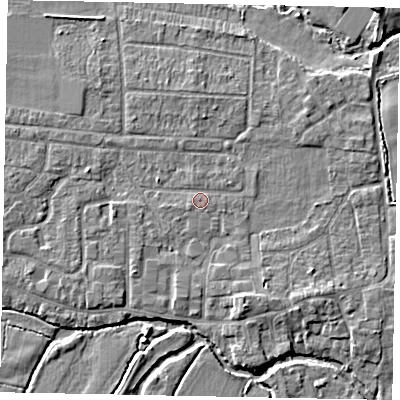 Shaded relief map of the ground around GU229HP, computed from Environment Agency LiDAR. The ground here sits at about 24 m above sea level and falls 5 m across the surrounding 800 m. Surface water reaching this point runs off ground lying to the west-north-west, 1.8 m higher.