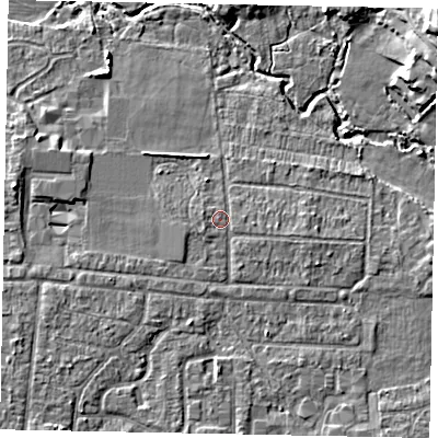 Shaded relief map of the ground around GU229HU, computed from Environment Agency LiDAR. The ground here sits at about 24 m above sea level and falls 11 m across the surrounding 800 m. Surface water reaching this point runs off ground lying to the north, 0.6 m higher.