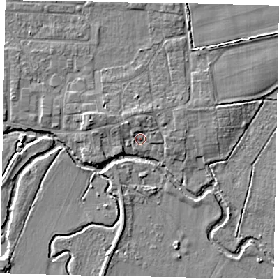 Shaded relief map of the ground around GU229JB, computed from Environment Agency LiDAR. The ground here sits at about 23 m above sea level and falls 5 m across the surrounding 800 m. Surface water reaching this point runs off ground lying to the north, 2.5 m higher.