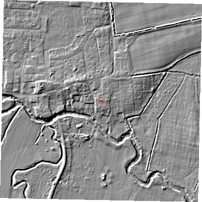 Shaded relief map of the ground around GU229JF, computed from Environment Agency LiDAR. The ground here sits at about 24 m above sea level and falls 5 m across the surrounding 800 m. The ground contributing surface water to this point lies to the west-north-west.