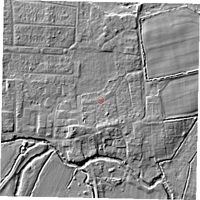 Shaded relief map of the ground around GU229JG, computed from Environment Agency LiDAR. The ground here sits at about 24 m above sea level and falls 5 m across the surrounding 800 m. Surface water reaching this point runs off ground lying to the south, 2.4 m higher.