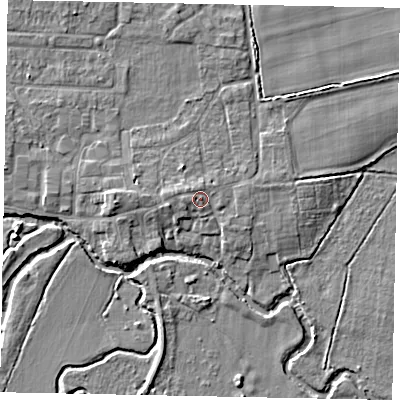 Shaded relief map of the ground around GU229JH, computed from Environment Agency LiDAR. The ground here sits at about 25 m above sea level and falls 5 m across the surrounding 800 m. Surface water reaching this point runs off ground lying to the west, 1.4 m higher.