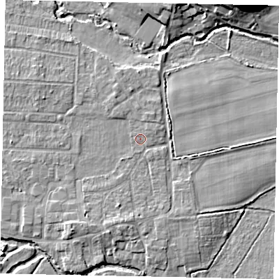 Shaded relief map of the ground around GU229JJ, computed from Environment Agency LiDAR. The ground here sits at about 23 m above sea level and falls 13 m across the surrounding 800 m. Surface water reaching this point runs off ground lying to the south-west, 2.5 m higher.
