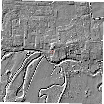 Shaded relief map of the ground around GU229JN, computed from Environment Agency LiDAR. The ground here sits at about 24 m above sea level and falls 5 m across the surrounding 800 m. Surface water reaching this point runs off ground lying to the east-north-east, 1.2 m higher.