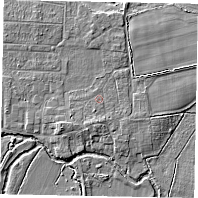 Shaded relief map of the ground around GU229JQ, computed from Environment Agency LiDAR. The ground here sits at about 23 m above sea level and falls 5 m across the surrounding 800 m. Surface water reaching this point runs off ground lying to the south-south-west, 2.4 m higher.