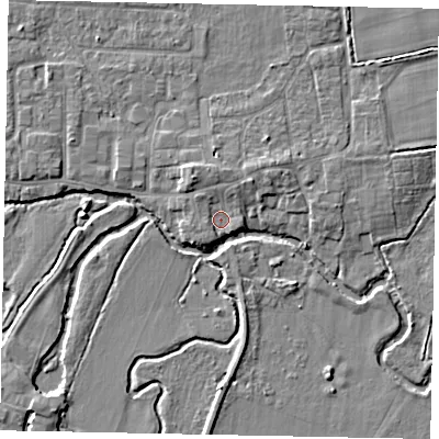 Shaded relief map of the ground around GU229JR, computed from Environment Agency LiDAR. The ground here sits at about 23 m above sea level and falls 5 m across the surrounding 800 m. Surface water reaching this point runs off ground lying to the north-north-west, 2.9 m higher.