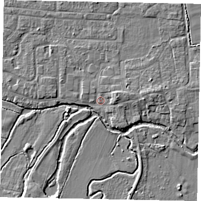 Shaded relief map of the ground around GU229JW, computed from Environment Agency LiDAR. The ground here sits at about 23 m above sea level and falls 5 m across the surrounding 800 m. Surface water reaching this point runs off ground lying to the east, 3.3 m higher.