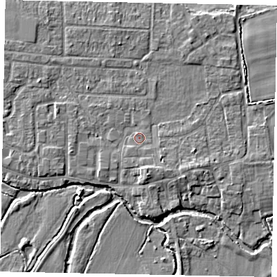 Shaded relief map of the ground around GU229JX, computed from Environment Agency LiDAR. The ground here sits at about 23 m above sea level and falls 5 m across the surrounding 800 m. Surface water reaching this point runs off ground lying to the south-east, 1.7 m higher.