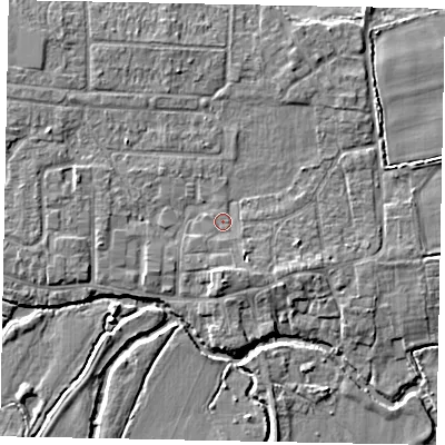 Shaded relief map of the ground around GU229JY, computed from Environment Agency LiDAR. The ground here sits at about 24 m above sea level and falls 5 m across the surrounding 800 m. Surface water reaching this point runs off ground lying to the south-south-east, 1.5 m higher.