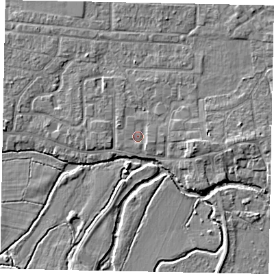 Shaded relief map of the ground around GU229LD, computed from Environment Agency LiDAR. The ground here sits at about 23 m above sea level and falls 5 m across the surrounding 800 m. Surface water reaching this point runs off ground lying to the west-north-west, 1.3 m higher.