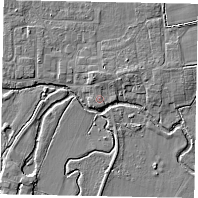 Shaded relief map of the ground around GU229LJ, computed from Environment Agency LiDAR. The ground here sits at about 24 m above sea level and falls 5 m across the surrounding 800 m. Surface water reaching this point runs off ground lying to the north, 1.0 m higher.