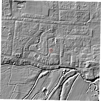 Shaded relief map of the ground around GU229LL, computed from Environment Agency LiDAR. The ground here sits at about 24 m above sea level and falls 5 m across the surrounding 800 m. Surface water reaching this point runs off ground lying to the west-south-west, 0.8 m higher.