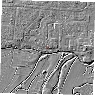 Shaded relief map of the ground around GU229LN, computed from Environment Agency LiDAR. The ground here sits at about 24 m above sea level and falls 5 m across the surrounding 800 m. Surface water reaching this point runs off ground lying to the north, 1.1 m higher.