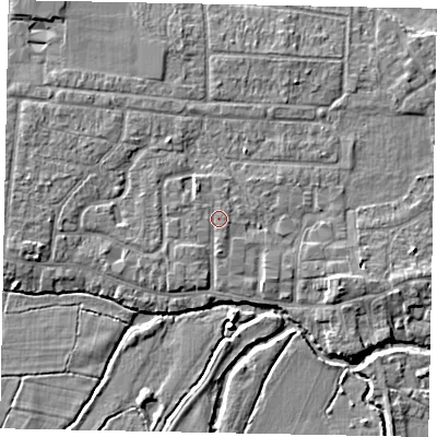 Shaded relief map of the ground around GU229LQ, computed from Environment Agency LiDAR. The ground here sits at about 24 m above sea level and falls 5 m across the surrounding 800 m. Surface water reaching this point runs off ground lying to the north-north-west, 1.0 m higher.