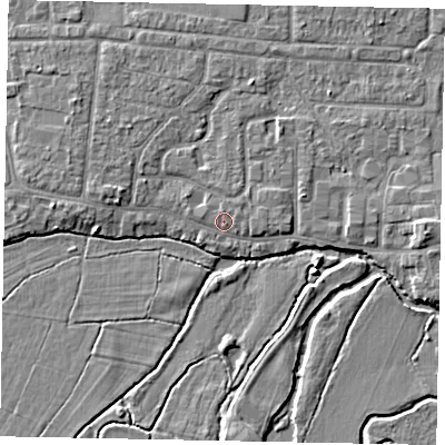 Shaded relief map of the ground around GU229LT, computed from Environment Agency LiDAR. The ground here sits at about 23 m above sea level and falls 5 m across the surrounding 800 m. Surface water reaching this point runs off ground lying to the north, 0.9 m higher.